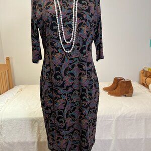 PERUVIAN CONNECTION Midi Dress-Black Gold Lavender Pima Cotton-Size Large